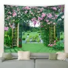 Pink Flowers Green Plants Landscape Garden Bakgrund Decor Tapestry Rural Landskap Muralvägg Hängande sovrum sovsal hem filt 240118