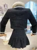 Модный маленький ароматный твидовый комплект из двух предметов, женский укороченный топ с бантом, короткая куртка, пальто, плиссированная юбка, костюмы, винтажные комплекты из 2 предметов 240118