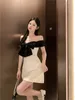 Casual Dresses Contrast Color Sexy White Mini Strap Dress Cute Black Bow Off Shoulder A Line Short Skirt Summer Fashion Dating Party