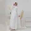 Ethnische Kleidung Weiße Stickerei Glänzende Frauen Muslim Open Abaya Maxikleid Türkei Kaftan Dubai Saudi Eid Ramadan Kimono Puffärmelkleid