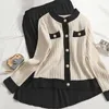 Outono feminino malha 2 peça conjunto chique escritório senhoras único breasted cardigan camisola plissado joelho saia ternos 240125