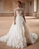 Elegante A-lijn Dames Trouwjurk Hoge Kraag Lange Mouwen Bruidsjurken Pailletten 3D Applicaties Sweep Trein Jurk Op maat gemaakt vestidos de novia