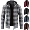 Camisolas masculinas com capuz xadrez manga longa camisola outono inverno 2024 grande casual forro de lã cardigan jaqueta de malha casaco masculino