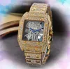 Premium Mens Square Hollow Skeleton Dial Watch Quartz Movement Male Time Clock Full Rostfritt stål Bandkedja Armband Sky Starry Diamonds Ring Bezel Wristwatch