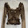 Женские футболки PREPOMP, весенняя коллекция 2024, бархатная коричневая рубашка с длинным рукавом и бантом, рюшами и оборками, женская GP168