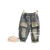 Korean Style Spring Autumn Kids Boy Girl Jeans Baby Back Patch Pocket Cowboy Pants Wash Full-length Denim Trouser H8160 240118