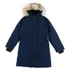 Piumino lungo da donna invernale canadese in vera pelliccia di coyote Kensington Parka in piumino d'oca caldo classico con cappuccio