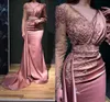 Vintage Pink Long Sleeve Evening Dresses Sheer V-Neck Mermaid Floor-Length Appliques Beads Floor Length Formal Party Ocn Gowns Mother Dress Prom