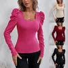 Camisetas para mujer Ropa Cuello cuadrado Top Manga larga Sólido Slim Fit Casual para primavera Otoño Pierna de cordero