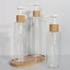 Storage Bottles Empty PET Round Clear Plastic Lotion Bottle Rim 24mm Bamboo Wooden Press Pump 200ml 250ml 300ml Shampoo Packaging 10pcs