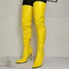 Boots Women Croct Long Yellow Dance Faux Leather High Cheels Side Zip على ركبة السيدات أحذية امرأة كبيرة الحجم 44 45 46 47