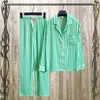 Kvinnors sömnkläder Ice Silk Satin Pyjamas Women Green Stripe Simple Elegant Star Long Sleeve Home Suit Tops Pants Wid Down Collar