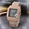 Hip Hop Iced Out Men Skey Starry Hollow Skeleton Dial Relógio Quadrado Diamantes Anel Quartz Mens Relógios de Pulso Calendário Dourado Relógio de Aço Corrente Pulseira Presentes