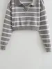 Suéteres femininos 2024 moda listrado recortado camisola de malha vintage decote em v manga comprida all-match casual feminino pullovers chiques tops