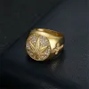 Hip Hop Iced Out Hanfblatt Ring 14k Gelbgold Coole Ringe für Männer Hippie Schmuck Geschenk