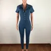 Women's Jeans Short Sleeve Jumpsuits Fitting Button Down Denim Jumpsuit Summer Skinny Overalls Ladies For Female