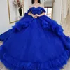 Abiti stile Quinceanera blu scintillanti con spalle scoperte Applique in pizzo con perline Tull Corsetto a strati abiti da xv anos Sweet 15 Prom Gown