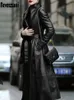 Nerazzurri Autumn Long Brown Black Soft Faux Leather Trench Coat for Women Belt Skirted Elegant Luxury Fashion 5xl 6xl 7xl 240124