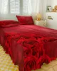 Falda de cama para el Día de San Valentín, colcha ajustada elástica con flores rosas y rojas y corazones con fundas de almohada, Funda de colchón, Sábana