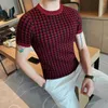 Men's T Shirts 2024 Top Quality Plaid Contrast Knitted T-Shirt Men Breathable Pullover Short Sleeve Playera T-Shirts Hombre Slim Fit