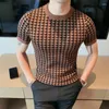 Men's T Shirts 2024 Top Quality Plaid Contrast Knitted T-Shirt Men Breathable Pullover Short Sleeve Playera T-Shirts Hombre Slim Fit