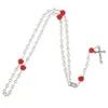 Hänghalsband 6mm glaspärlor radband halsband för kvinnor Crucifix Cross Inri Long Red Rose Chain Choker Kvinnliga religiösa bönsmycken