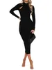 Vestidos casuais feminino cor sólida com nervuras midi vestido manga longa alta pescoço recorte frontal bodycon para outono