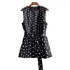 Casual Dresses Genuine Leather Mini Dress For Women French Round Neck Sleeveless Small Dots Slim Skirts Retro Floral Buttons Vestidos Cortos