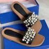 2024 Mulheres Goldie Slide Chinelos Flat Pearl Sandálias Vintage Squared Toe Couro Designer Chinelos Marca Elegante Sandália Bege Preto 5 Cores Top Quality Com Caixa