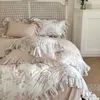 Sängkläder sätter lyxiga vintage franska rosblommor tryck spetsar ruffles set 1000tc egyptisk bomullsdäck täcke lakan kuddar