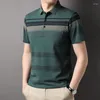 Men's Polos 2024 T-shirt Turn-down Collar Silky Cotton Real Pocket Summer Short Sleeve Polo Striped Button Casual Tops