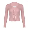 Women's T Shirts Weekeep Sweet Ruched Pink Crop Top Cute Lace Patchwork Full Sleeve Skinny Y2k Fairycore Fall Knitwear Outfits