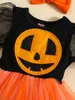 Vestidos de menina adorável conjunto de 2 peças de macacão de Halloween para meninas pequenas - com malha tutu tule abóbora morcego estampado mangas bufantes