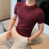 Men's T Shirts 2024 Top Quality Plaid Contrast Knitted T-Shirt Men Breathable Pullover Short Sleeve Playera T-Shirts Hombre Slim Fit