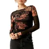 Camisetas para mujer Tops cortos de manga larga para mujer Cuello redondo ajustado Estampado de flores Ver a través de malla Corta Primavera Otoño