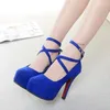 Dress Shoes Sexy High Heels Woman Pumps Faux Suede Cross-tied Ankle Strap Red Thick Platform Ladies Heel Wedding Party