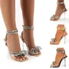 Sandálias Olomlb Strass Bowknot Mulheres Transparentes Salto Alto Verão Sexy Square Toe Ankle Buckle Strap Sapatos Stiletto