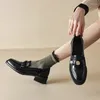 Dress Shoes Golden Metal Decoration Genuine Leather Thick Medium Heel Round Toe Solid Concise Cowhide Single Female