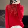 Designer Women's Clothing New Year Celebration 100% Wool Big Red Top Women's knitwear New Hot Diamond Thickened Short Knitted Sweater Clothing Fashion SweaterNSM7