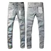 Moda Uomo Strappo Commercio Estero Jeans Azzurri Cuciture Design da Uomo Moto Equitazione Pantaloni Slim Cool Viola per Donna Rock Revival Lettera Pant 8IT7