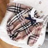 2020 New baby girls Bows tie plaid romper infant kids lapel long sleeve jumpsuits designer kids clothes baby boys cotton linen rom9750112