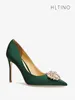 Вечерние туфли для женщин, 2024, элегантные туфли на среднем каблуке для свадебной вечеринки, роскошные дизайнерские нефритовые зеленые туфли на высоком каблуке, осенние стразы