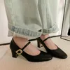 Chaussures de robe véritable cuir de vache fendu nu noir luxe élégant dame pompes de printemps épais gros talons hauts grande boucle en métal Mary Janes