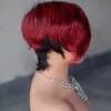 Bourgogne Red Umbrey Human Hair Wig Laceless Solid Short Hair Bob Pixie Brazilian Remi Hair Cut Wig With Bangs 230125
