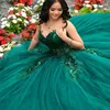 Verde escuro espumante vestidos quinceanera para meninas cruz applique rendas contas tull fora do ombro 15 vestido de festa de aniversário doce 16