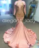 Rose Pink Sparkly Mermaid Prom Ceremony Dresses for Women Long Sleeve Diamond Crystal Black Girl Evening Celebrity Dress