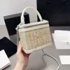 2024 Rotin Tissé Vintage Femmes Mini Sac Cosmétique Patchwork En Cuir Designer Chaîne Bandoulière Tronc Fourre-tout Sac À Main Fanny Pack Soirée Embrayage