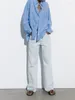 Camicette da donna Moda autunnale Europa e Stati Uniti Stile casual con camicia a righe in misto lino con tasche larghe