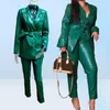 Women039s İki Parçalı Pantolon Vintage Moda Pu Deri Terzini Büyük Boyut Dantel Yukarı 2 Kıyafet Koyu Yeşil Sahte Ceket Takım Sweatsu2895925