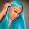 13x4 deep lace front wig synthetic soft glue free natural sky blue 26 inch long straight baby hair 180% density pre insert 230125